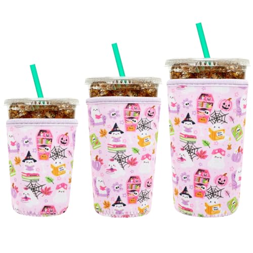 Image of YR Reusable Neoprene Insulator Sleeve for Iced Coffee Cups, 3 Pack Coffee Coolies sleeves for Iced & Hot Drinks, Cold Beverage Cooler Compatible with Cold Soda and More (Ghost & Book)