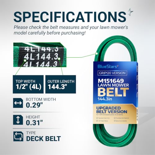 Image of [Upgraded Grip120] BlueStars M151649 Deck Belt | Aramid Cord | 1 /2 x 144.3 | Deck Belt for John Deere LT180 LT190 Lawn Tractors with 48 inch Mower Deck, Blade Drive Belt Replaces GX10063 M150960