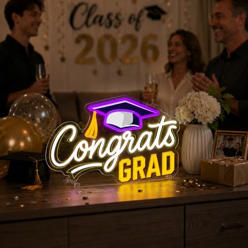 Congrats Grad Neon Sign with Graduation Cap, Dimmable LED Neon Light for Class of 2026 Graduation Party Decorations, Grad Neon Sign for Classroom Dorm Prom Backdrop Wall Decor Celebration Gifts by Mojoish - Used condition - Image 2