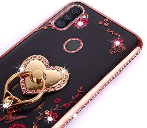 CASEHAVEN Case Compatible for Samsung Galaxy A11 Case (2020 Release), Glitter Crystal Heart Floral Series - Slim Luxury Bling Rhinestone Clear TPU Case with Ring Stand - Rose Gold