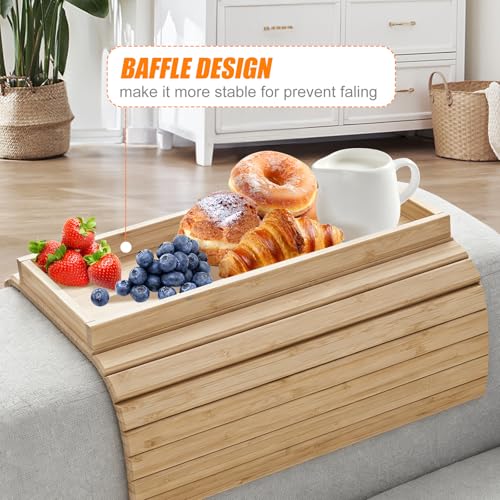 AKOLAFE Foldable Bamboo Sofa Arm Tray - Versatile Couch Table with Cup Holder for Drinks, Remotes, and Phones - Stylish Brown Design - Image 3