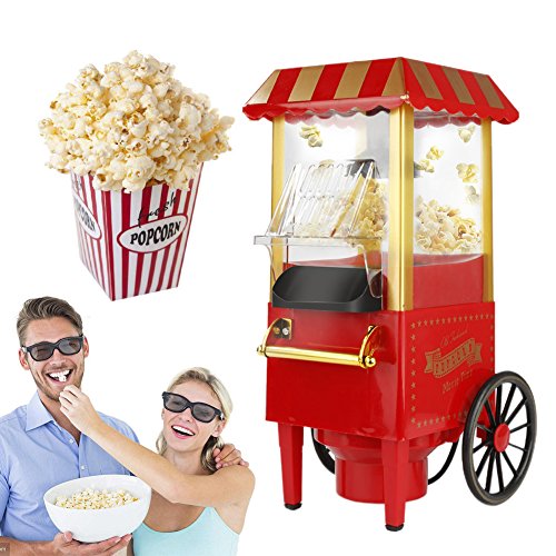Palomitero, 1200W Vintage Máquina de Palomitas con Gran Capacidad, máquina de hacer palomitas dulces Aire Caliente Sin Grasa AceitaLibre de BPA, Rojo