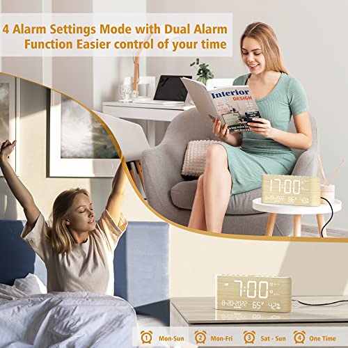 Digital Alarm Clock With Weekday/Weekend Mode, Dual Alarm,Adjustable Volume,Temperature & Humidity Monitor, Calendar,5 Levels Dimmer,12/24H,Snooze,Battery Backup,Wooden Alarm Clock For Heavy Sleeper #TOP1