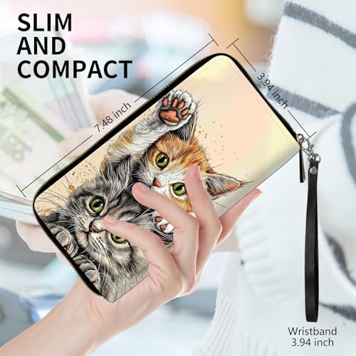 Womens Wallet, PU Leather RFID Cute Wristlet Wallets for Girls Women Ladies Purse Large Credit Card Clutch Purse Card Holder Coin Pocket Travel Wallets with Zipper, Cats2