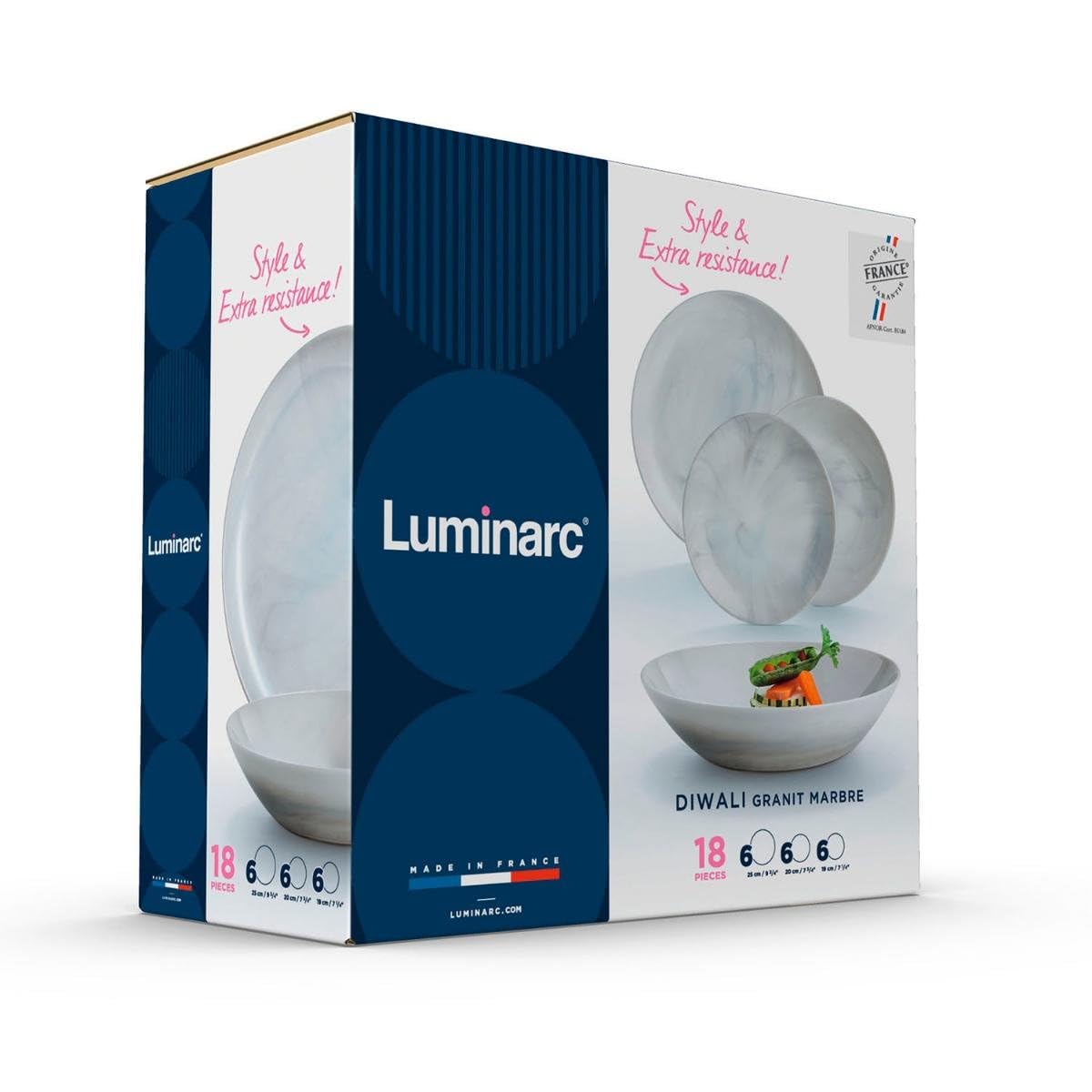 Luminarc Diwali Granit Marb Service de table opale 18 pièces 6 personnes Opale Passe au micro-ondes Passe au réfrigérateur empilable