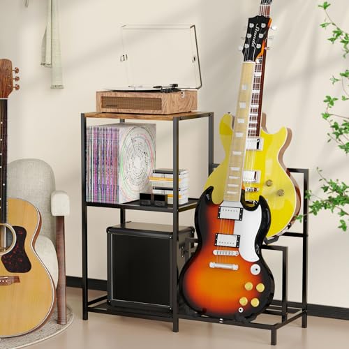 VGMiu Guitar Stand, Multiple Guitar Rack Holder with 3-tier Storage Shelf, Guitars Display Rack for Acoustic, Electric, Bass Amplifier Accessories Display Stand for Music Room Studio Home Black - Thumbnail 3