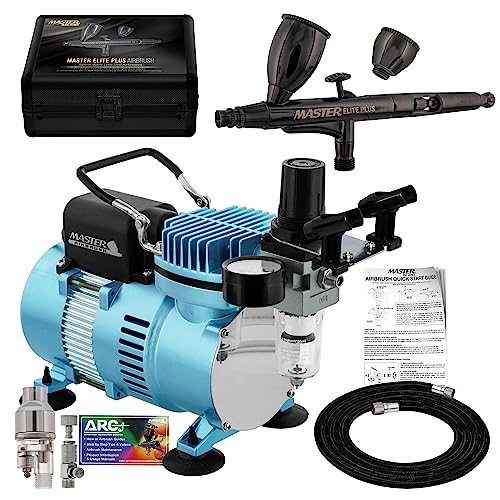 Master Airbrush Cool Runner II Dual Fan Air Compressor System Kit with Master Elite Plus Level Performance Airbrush Set, Case, Dual-Action, 0.3mm Tip, 2 Cups, Hose, Holder, Filter - Hobby Auto Art