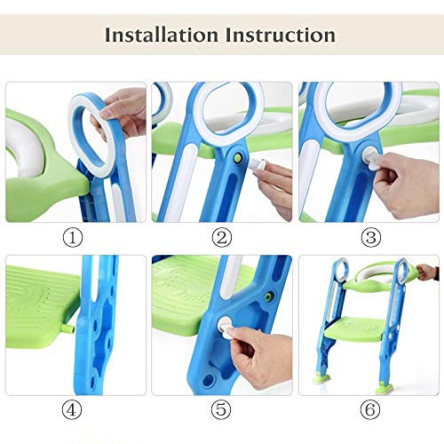 Potty Training Toilet Seat with Step Stool Ladder for Kid and Baby, Adjustable Toddler Toilet Training Seat with Soft Anti-Cold Padded Seat, Safe Handles and Non-Slip Wide Steps, Blue Green for Kids