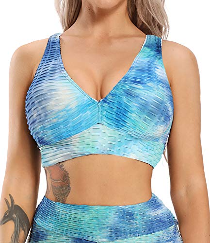 CROSS1946 Women Texture Yoga Gym Crop Top Workout Running Vest Tees #6 Vest Textured Tie Dye Sky Blue,XL