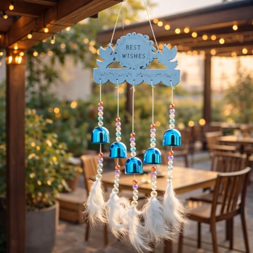 Image of Decorative Wind Chime for Home | Wooden House with Bells Colourful Beads | Positive Energy Balcony Living Room Hall Garden Home Decor (Best Wishes)