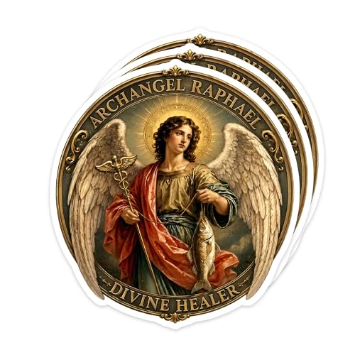 [3PCS] St Raphael The Archangel Sticker with Healing Angel Design, Catholic Saint Stickers for Laptop Phone Tumbler Car Window Decor, Angel Wings Stickers Gifts for Women Men