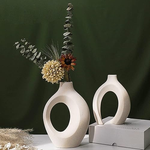 Miniatura 4 de Jarrón de cerámica hueco, jarrones de cerámica para decoración del hogar, juego de 2, jarrones blancos decorativos bohemios modernos, jarrones