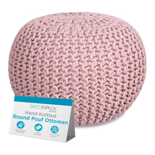 BIRDROCK HOME Round Pouf Ottoman Foot Rest - 18.5”x18.5”x15” Boho Compact Comfortable Soft Cotton Braided Foot Stool with Bean Bag Filling for Living Room, Bedroom, or Nursery (Dusty Rose)