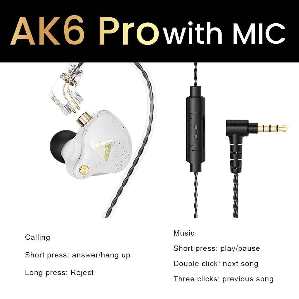 Écouteurs de jeu filaires AK6 Pro, écouteurs filaires avec basses profondes, écouteurs intra-auriculaires HiFi avec nouveau pilote dynamique 1DD 10 mm, câble amovible IEM pour musique, jeux, appels