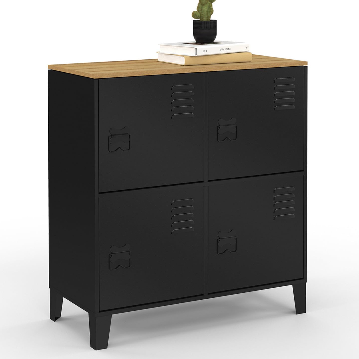 IDMarket – Aparador auxiliar de taquilla de 70 cm Ester 4 puertas de metal negro bandeja madera diseño industrial