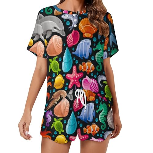 Ensemble de pyjama femme manches courtes Tortue Dauphin anti-transpiration pour l'été