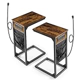 HOUIT C Shaped End Table with Charging Station Set of 2, Small Side Table for Sofa Couch and Bed, Sectional Slide Under Couch Table for Living Room, Bedroom