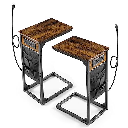 HOUIT C Shaped End Table with Charging Station Set of 2, Small Side Table for Sofa Couch and Bed, Sectional Slide Under Couch Table for Living Room, Bedroom HF11