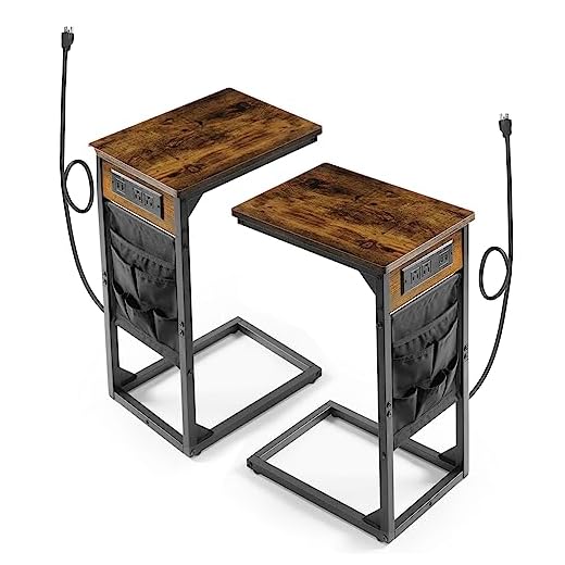HOUIT C Shaped End Table with Charging Station Set of 2, Small Side Table for Sofa Couch and Bed, Sectional Slide Under Couch Table for Living Room, Bedroom HF11