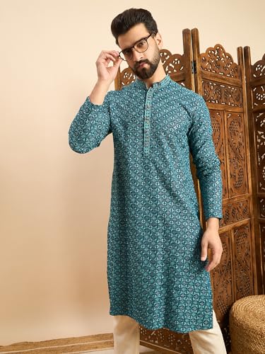 Image of Amazon Brand - Tavasya Men Rayon Geometric Embroidered Mandarin Collar Straight Kurta