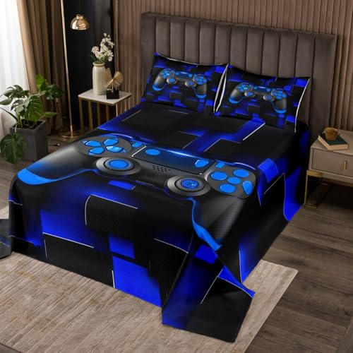 jejeloiu Gamer Bedspread for Kids Boys Girls Gaming Coverlet Set Twin Size Ombre Abstract Quilted Coverlet Bedroom Decor Breathable Soft Lightweight Microfiber Blue Black 2Pcs