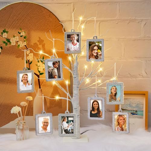 Leinuosen Lighted Family Tree Picture Frame Stand with 10 Pcs 2 x 3'' Hanging Photo Frames Lighted Birch Family Tree 23.6'' Holds for Christmas Mother's Day Gifts Table Decor(White)