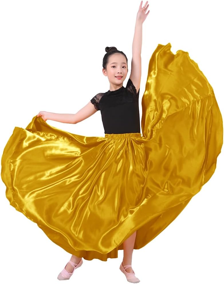 Girls Satin Full Dancing Circle Long Flowy Dance Skirt for Belly Dance, Flamenco, Classical & Folk Dance
