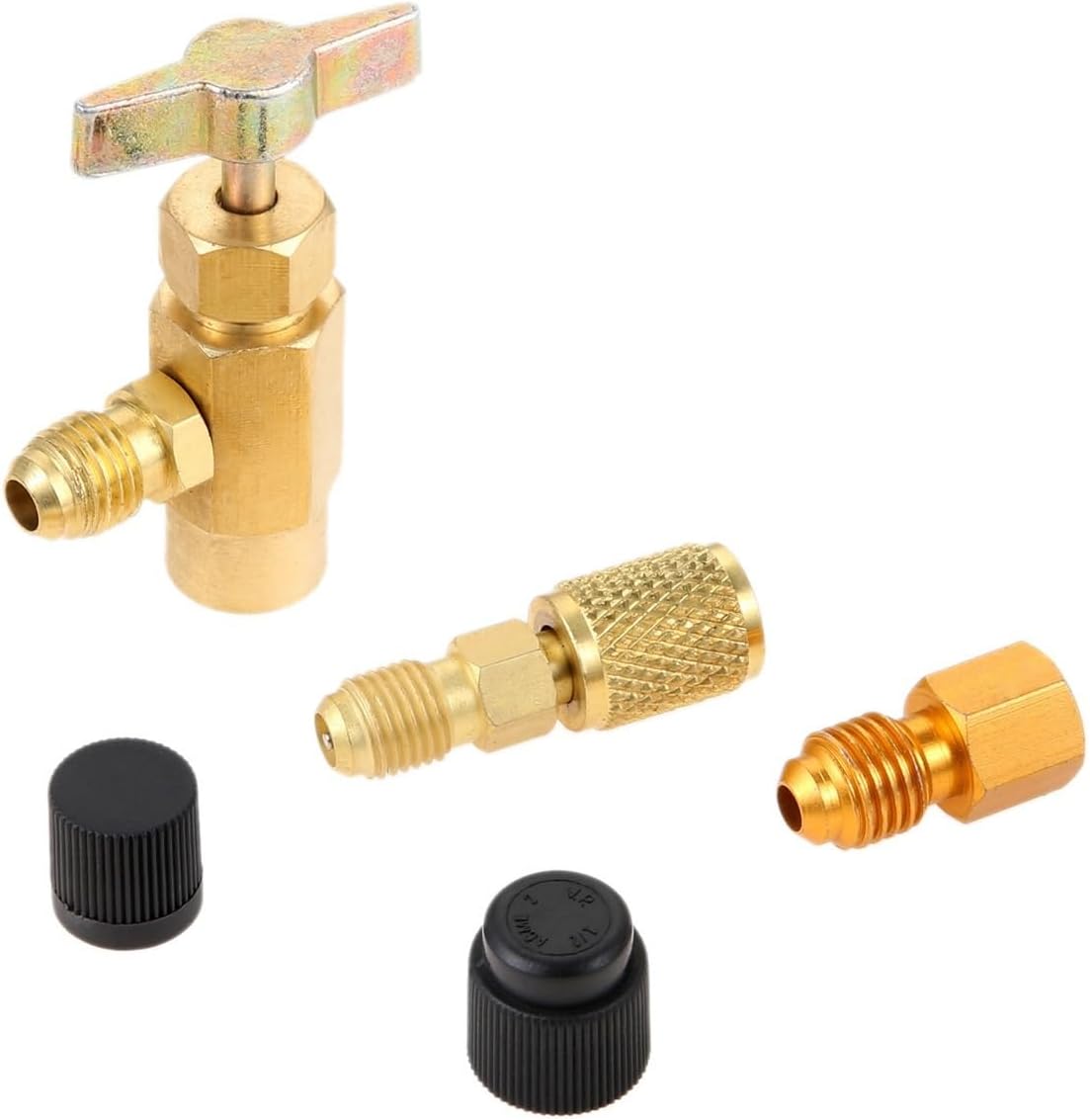 5Pcs R-1234yf Refrigerant Can Tap Kit Adapter 1/2"ACME LH Female 1/4"SAE Male A/C System Bottle Tap Opener Valve Core Seal Caps