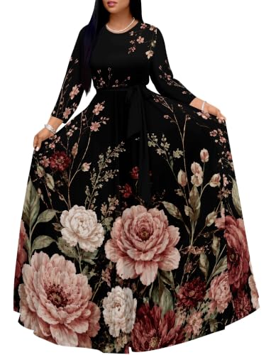 Image of PinkPatty Women's Long Sleeve Maxi Dress Plus Size Casual V Neck Wrap Dress with Pockets&Belt
