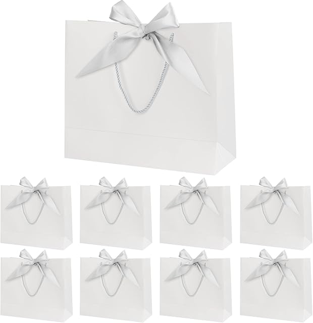 White Gift Bags with Ribbon, CS COSDDI 8 PCS Paper Gift Bags with Silver Bow Ribbon, Portable Party Bags with Handles, Gift Bags for Presents Birthday Weddings Party Christmas.(12.6x9.8x3.9inches)