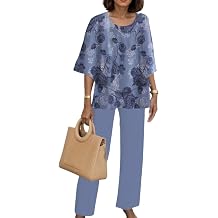 Women 2 Piece Outfits Sets Dressy Casual Floral Printed 3/4 Sleeve Crew Neck Double Layer Top Wide Leg Pants Sets