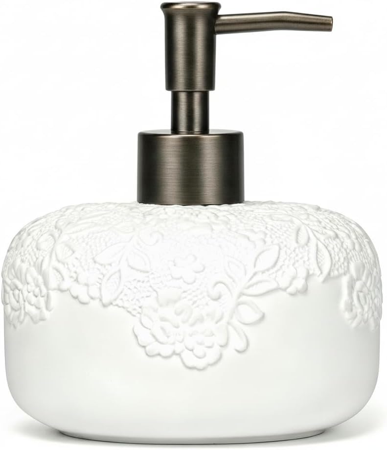 Ceramic White Soap Dispenser with Embossed Design Look, Liquid Soap Dispenser with Rust-Proof Plastic Pump 13.5oz for Bathroom Kitchen