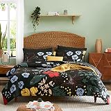 CASAAGUSTO Queen Comforter Set, 8 PCS Black Floral Comforter Set with Flowers Leaves Pattern, Soft S