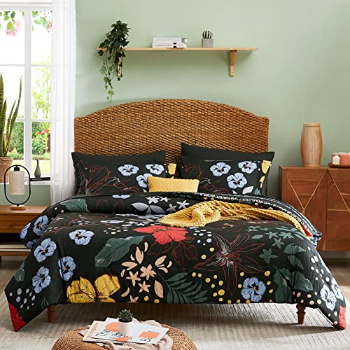 Casaagusto Queen Comforter Set, 8 Pcs Black Floral Comforter Set With Flowers Leaves Pattern, Soft Seersucker Design All Season Microfiber Bedding Set With Decor Pillow （90"X90"） #TOP22