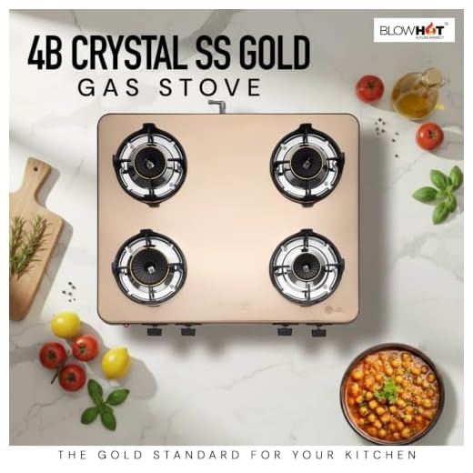 BLOWHOT Crystal 4 Burner Auto-Ignition Tornado Brass Burner Gas Stove (ISI Certi.), Stainless Steel Top - DOORSTEP SERVICE + 2Yr General & 5 Year Warranty on Burner & Gas Valves, LPG/PNG Compatible