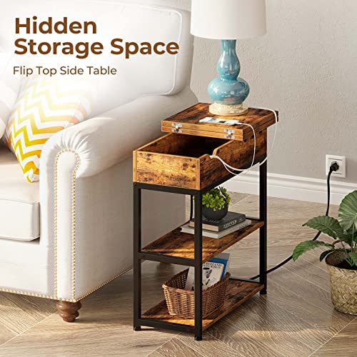Rolanstar End Table With Charging Station, Narrow Nightstand, Flip Top Side Table With Usb Ports And Storage Shelves For Small Spaces, Living Room, Bedroom (Rustic Brown) #TOP3