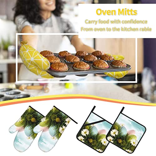 Colorful Easter Eggs Oven Mitt And Pot Cover 4Pcs Set For Kitchen Cooking And Outdoor Grill Heat Resistant Set #TOP6