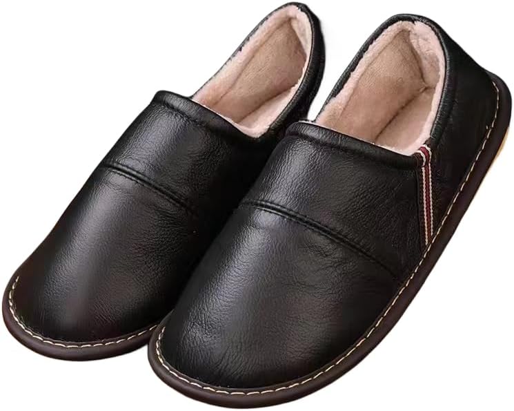 Mens Slip On Mules Slippers,Winter leather slippers, non-slip thermal wool shoes-black_UK5.5-UK6,House Shoes with Anti-Skid Rubber Sole