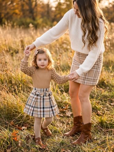 Image of Noubeau Toddler Girls Plaid Outfits Girls Puff Sleeve Knit Ribbed Shirt Tops Plaid Skirt Set Kids Fall Winter Clothes