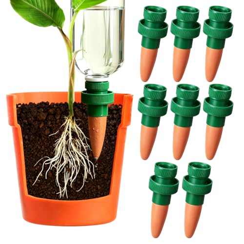 Terracotta Self-Watering Stakes, 8 Pack, Fits Most Plastic Bottles for Potted Plants During Vacation, Indoor and Outdoor Gardening Use
