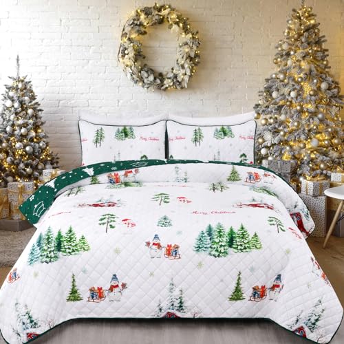 3 Pieces Christmas Quilt Set Queen, Lightweight Reversible Christmas Tree Snowman Comforter Bedding Set, Soft Microfiber Quilts Bedspread Coverle Merry Xmas, 1 Quilt 90