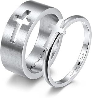 Personalized Matching Cross Rings for Couples,Custom Nameplates Wedding Band Stainless Steel Christian Cross Puzzle Ring Set Promise Rings Engraved Baptism Gift for Him Her,2 Packs