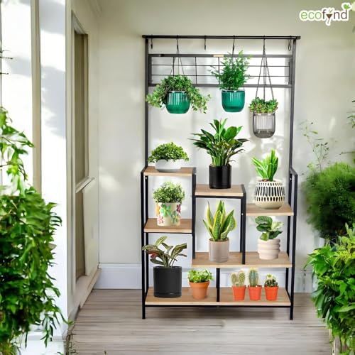 Image of ecofynd Elara Shelf Plant Stands for Outdoor Balcony, Flower Pot Stand for Indoor Plants, Large Metal Planter Stand for Living Room, home decor, Indoor & Outdoor plants, 6 Tier, (PS042-BLK)