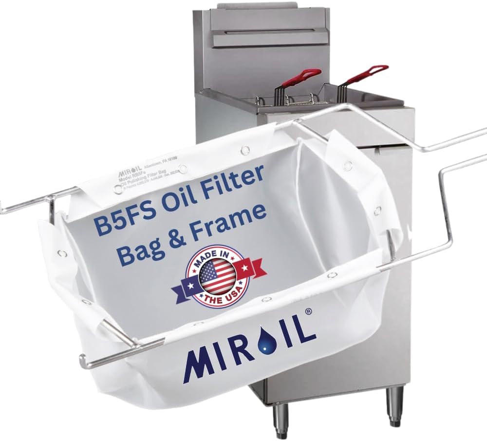 MirOil B5FS Fryer Oil Filter Bag & Frame Combo, Extends Life, Polish Hot & Cold Cooking Oil for Filtration for Deep Fryers, Fits on Top of Fryer Filter Pot, Pails & Storage Containers for Food Service