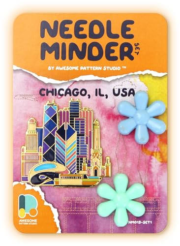 Image of Awesome Pattern Studio Needle Minder Set - Chicago Magnetic Needle Minder + 2 Needle Threaders. Enamel Pin for Cross Stitch, Embroidery and Craft