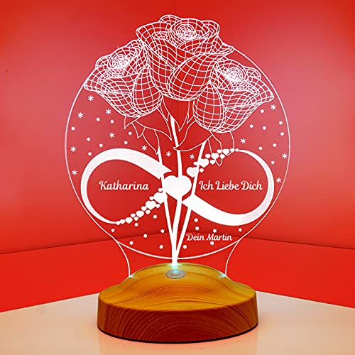 Geschenkelampe Cadeaux personnalisés avec gravure roses et infini Lampe LED 3D avec texte au choix Lumière de nuit changeante de couleur