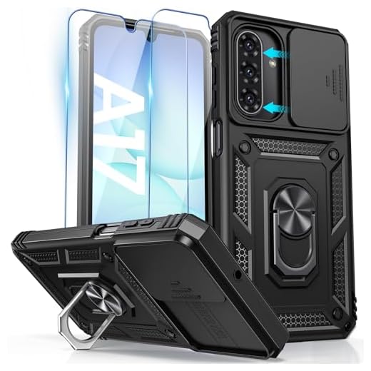 HWeggo Coque pour Samsung Galaxy A17 4G/5G / A26 5G, avec 2 Pièces Verre Trempé, Lentille Coulissante Couverture, Support 360° Rotatif Militaire PC Armor Etui,Noir