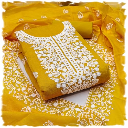 Image of Y2Y Women's Heavy Cotton Embroidery Work Unstitched Salwar Suit Dress Material With Chanderi Work Dupatta (Free Size Multi Color)