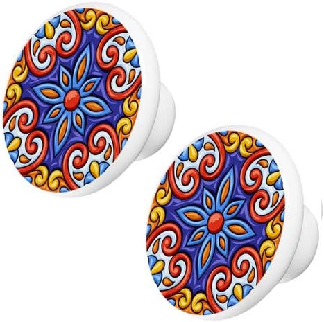 Set of 2 Mexican Talavera Pattern #7 Ceramic Cabinet Drawer Knobs