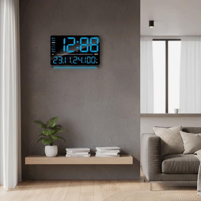 Image of Ajanta Digital Wall Clock with RGB Night Light, Temperature, Calendar and 12 /24H Format (Blue, 33 x 22 cm)